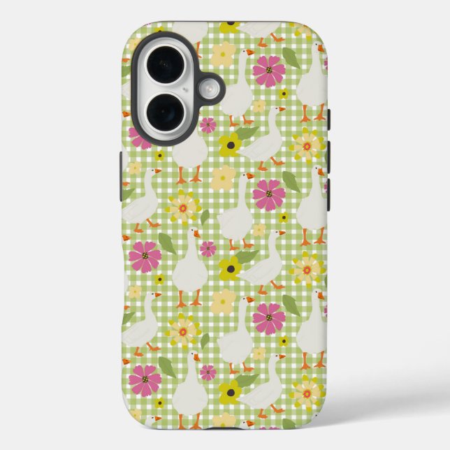 Cute Geese With Hand Drawn Flowers - Green Check  Case-Mate iPhone Case (Back)