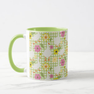 Cute Geese With Hand Drawn Flowers - Green Check Mug