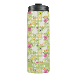 Cute Geese With Hand Drawn Flowers - Green Check Thermal Tumbler