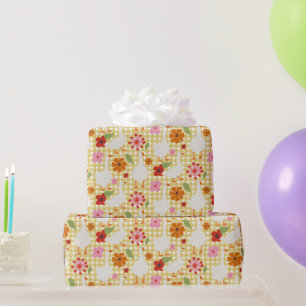 Cute Geese With Hand Drawn Flowers - Yellow Check Wrapping Paper