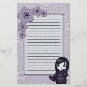 Cute Geisha Black And Purple Cherry Blossoms Lined Stationery