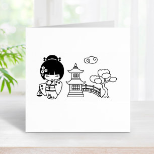 Cute Geisha Girl in Kimono Scrapbook Rubber Stamp