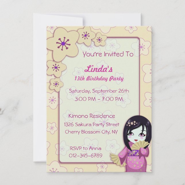Cute Geisha Pink And White Sakura Birthday Party Invitation (Front)