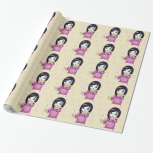 Cute Geisha Pink Kimono With Silver Fans Wrapping Paper