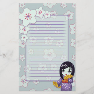 Cute Geisha Purple And Blue Cherry Blossoms Lined Stationery
