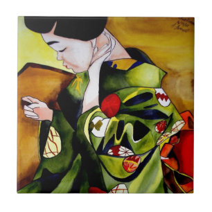 Cute Geisha with green kimono original art Ceramic Tile
