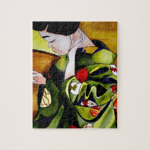 Cute Geisha with green kimono original art Jigsaw Puzzle