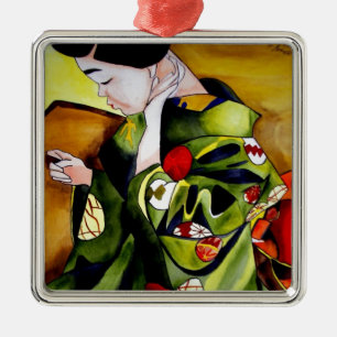 Cute Geisha with green kimono original art Metal Ornament
