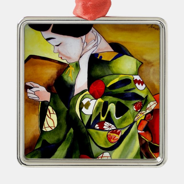 Cute Geisha with green kimono original art Metal Ornament (Front)