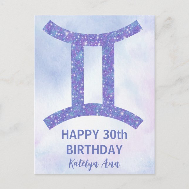 Cute Gemini Sign Custom Purple Happy Birthday Postcard (Front)