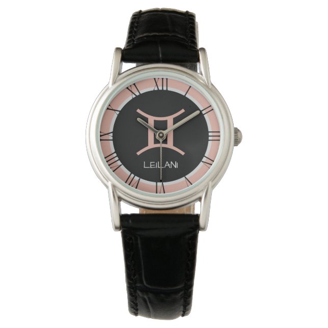 Cute Gemini Zodiac Sign Rose Pink Grey Custom Name Watch (Front)