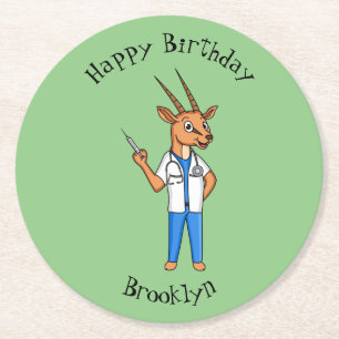 Cute Gemsbok antelope doctor cartoon Round Paper Coaster