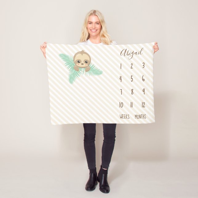 Cute Gender Neutral Baby Sloth Baby Milestone Fleece Blanket (In Situ)