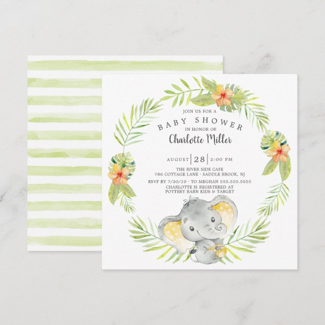Cute Gender Neutral Jungle Elephant Baby Shower Invitation (Front/Back)
