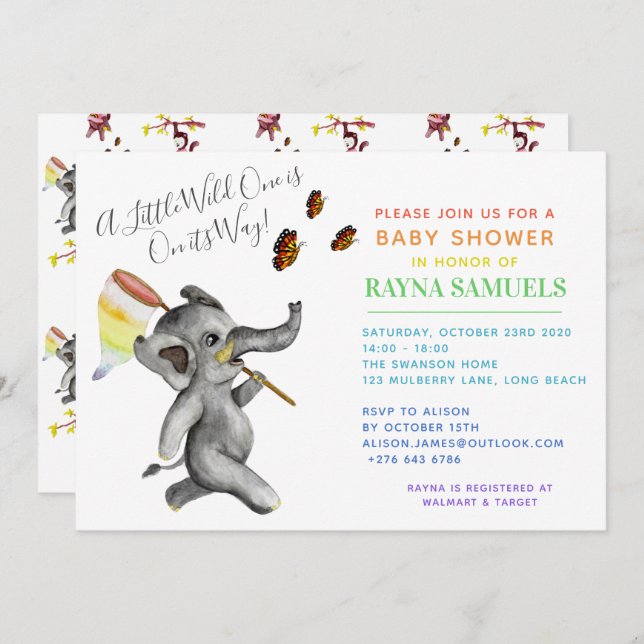 Cute Gender Neutral Safari Elephant Baby Shower Invitation (Front/Back)