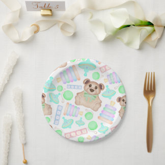 Cute Gender Neutral Teddy Bear Baby Paper Plate
