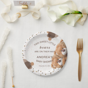 Cute Gender Neutral Twin Bears Baby Shower Paper Plate