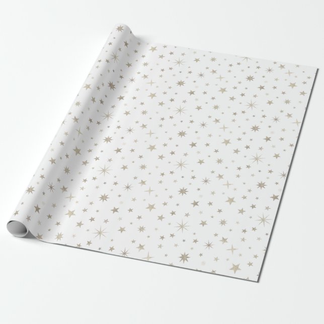  Cute Gender Neutral White Silver Star Baby Shower Wrapping Paper (Unrolled)