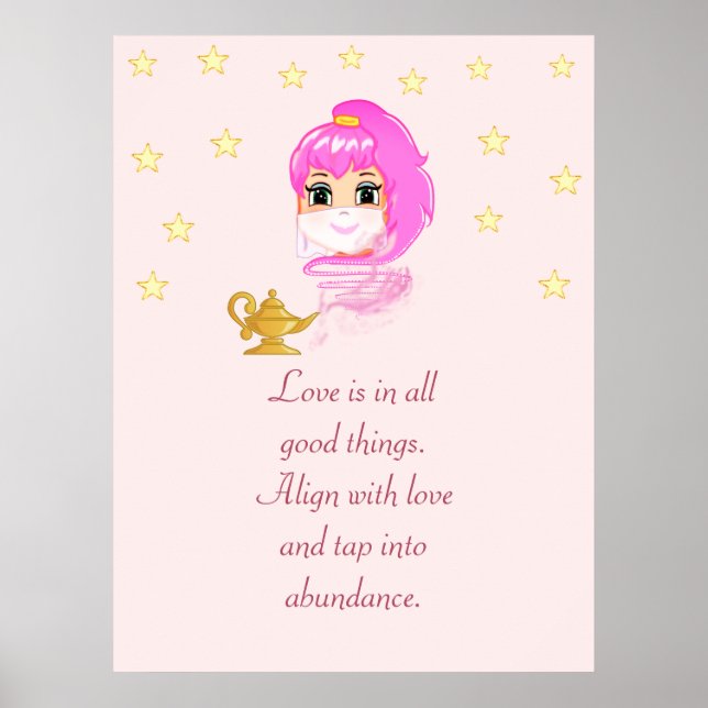 Cute Genie Cartoon & Abundance Quote on Rose Gold Poster (Front)
