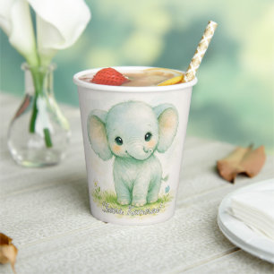 Cute Gentle Giant Elephant Watercolor Baby Shower Paper Cups