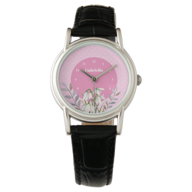 Cute Gentle White Snowdrops Leafy Pink Polka Dots Watch (Front)