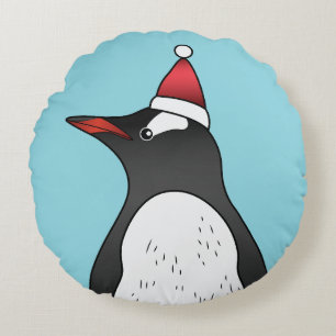 Cute Gentoo Penguin Wearing A Santa Hat On Blue Round Cushion