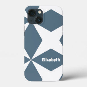 Cute Geometric Pattern Custom Name White & Blue iPhone 13 Mini Case