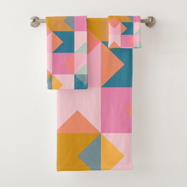 Cute Geometric Pattern in Teal Pink and Yellow Bath Towel Set (Insitu)