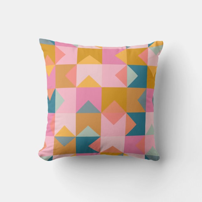 Cute Geometric Pattern in Teal Pink and Yellow Cushion (Front)