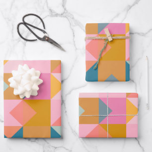 Cute Geometric Pattern in Teal Pink and Yellow Wrapping Paper Sheet