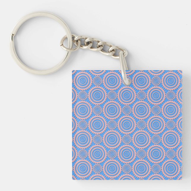 Cute Geometric Pattern Pink Circles over Blue Key Ring (Front)