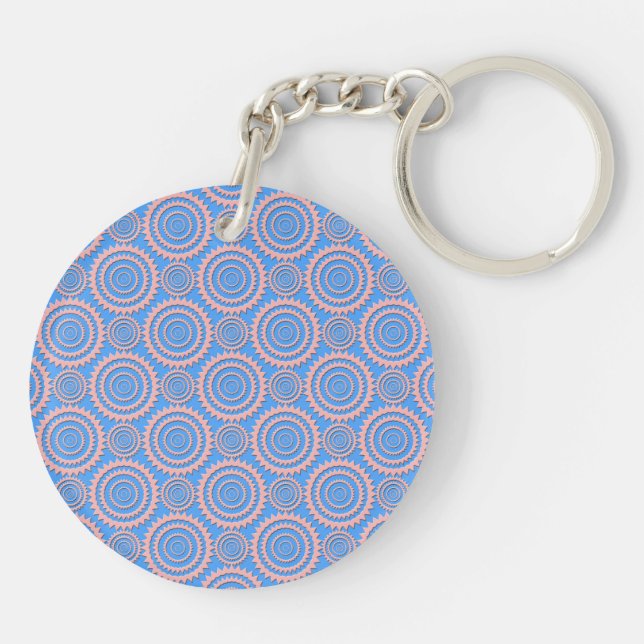 Cute Geometric Pattern Pink Circles over Blue Key Ring (Back)
