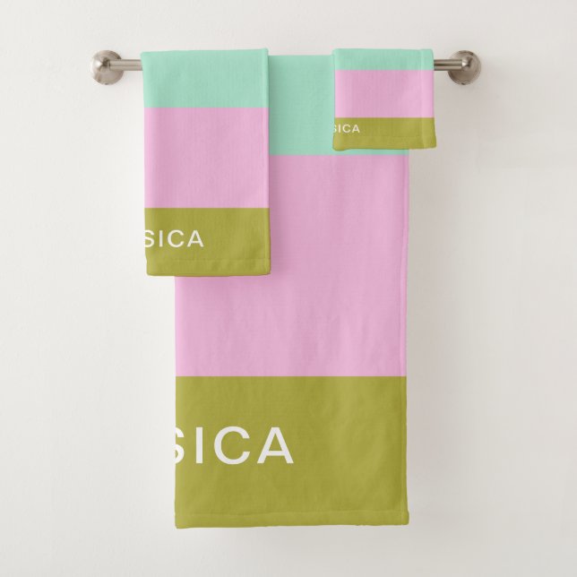 Cute Geometric Stripes Bright Pastels Personalised Bath Towel Set (Insitu)