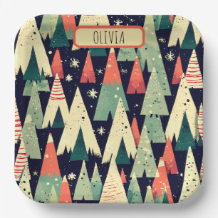 Cute Geometric Trees in Winter Personalised Paper Plate