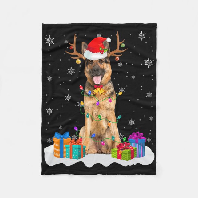 Cute German Shepherd Dog Christmas Lights Santa Ha Fleece Blanket (Front)