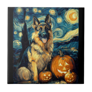 Cute German Shepherd Dog Halloween Jack O Lantern Ceramic Tile