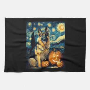 Cute German Shepherd Dog Halloween Jack O Lantern Tea Towel