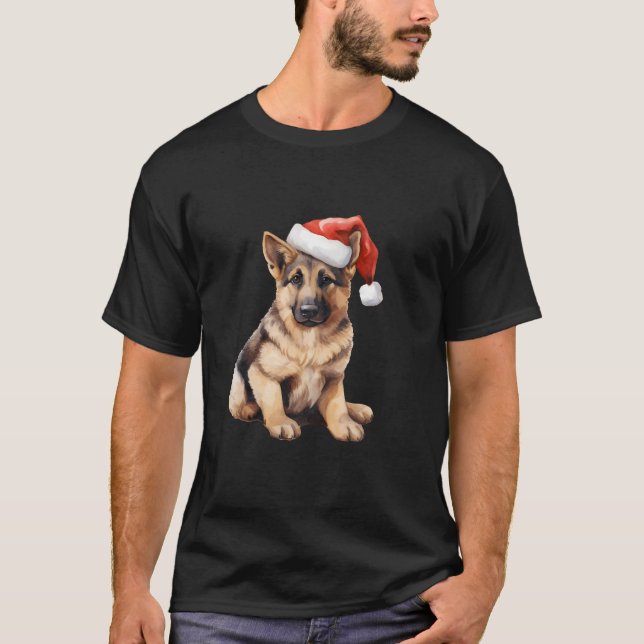 Cute German Shepherd Dog Puppy with Santa Hat Chri T-Shirt (Front)