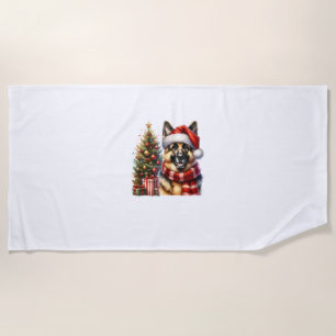 Cute German Shepherd Dog Santa Hat Christmas Tree  Beach Towel
