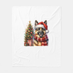 Cute German Shepherd Dog Santa Hat Christmas Tree Fleece Blanket