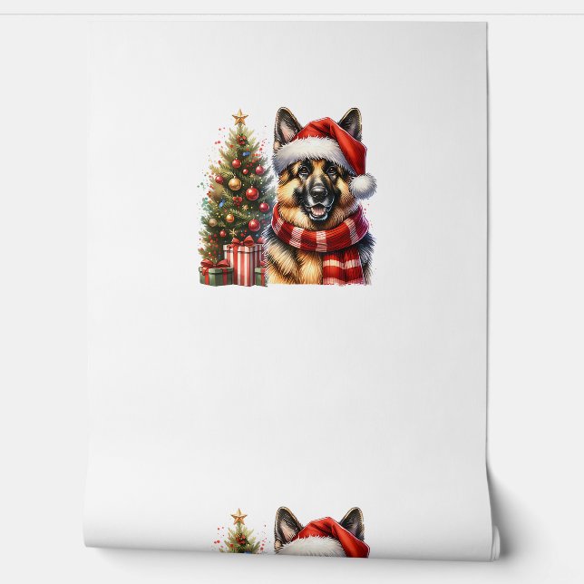 Cute German Shepherd Dog Santa Hat Christmas Tree  Wallpaper (Unrolling)