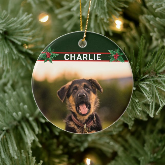 Cute German Shepherd Name and Photo Christmas Ceramic Ornament (Tree)