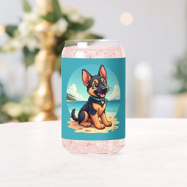 Cute German Shepherd Puppy Beach Illustration Can Glass (Insitu (Wedding))