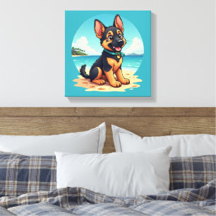 Cute German Shepherd Puppy Beach Illustration Canvas Print
