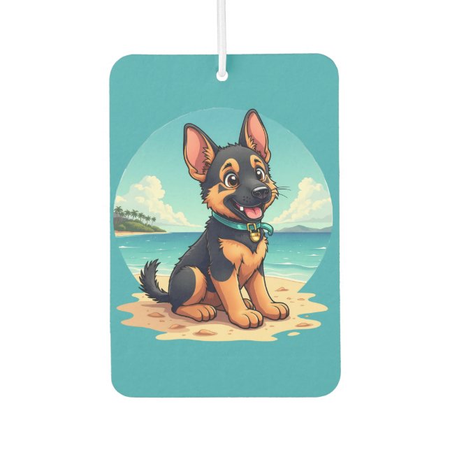 Cute German Shepherd Puppy Beach Illustration Car Air Freshener (Front)