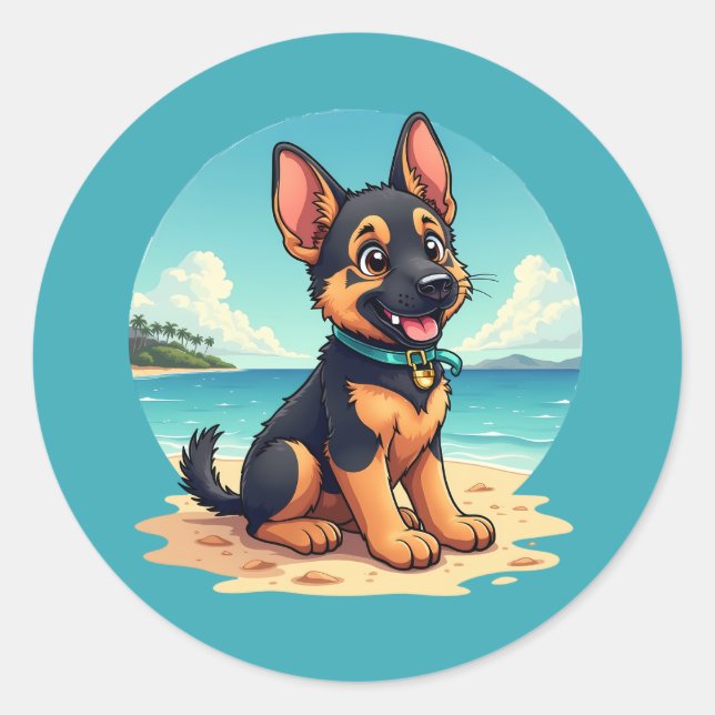 Cute German Shepherd Puppy Beach Illustration Classic Round Sticker (Front)