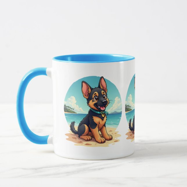 Cute German Shepherd Puppy Beach Illustration Mug (Left)
