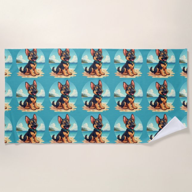 Cute German Shepherd Puppy Beach Illustration Towel (Front)