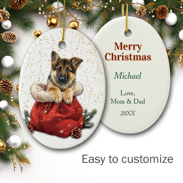 Cute German Shepherd Puppy Christmas Gift Bag Ceramic Ornament (Creator Uploaded)