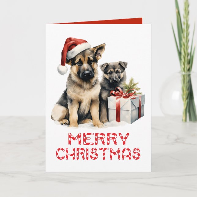 Cute German Shepherd Puppy Dog Merry Christmas  Card (Front)
